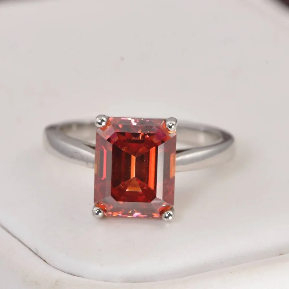 Certified 4.0 ct Red Moissanite Emerald Cut Wedding Engagement Ring